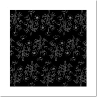 Buttercups Line Art Black Background Pattern Posters and Art